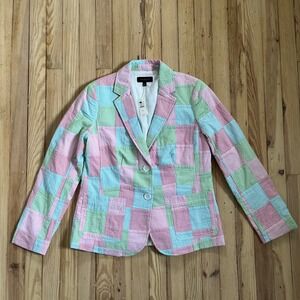 NWT Talbots Patchwork Seersucker Blazer Madras Jacket Pink Blue Green White Sz 8
